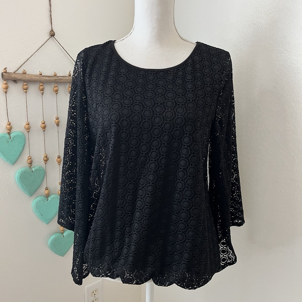 Alfani Womens Black Crochet Bell Sleeve Top lace whimsygoth S stretch goth